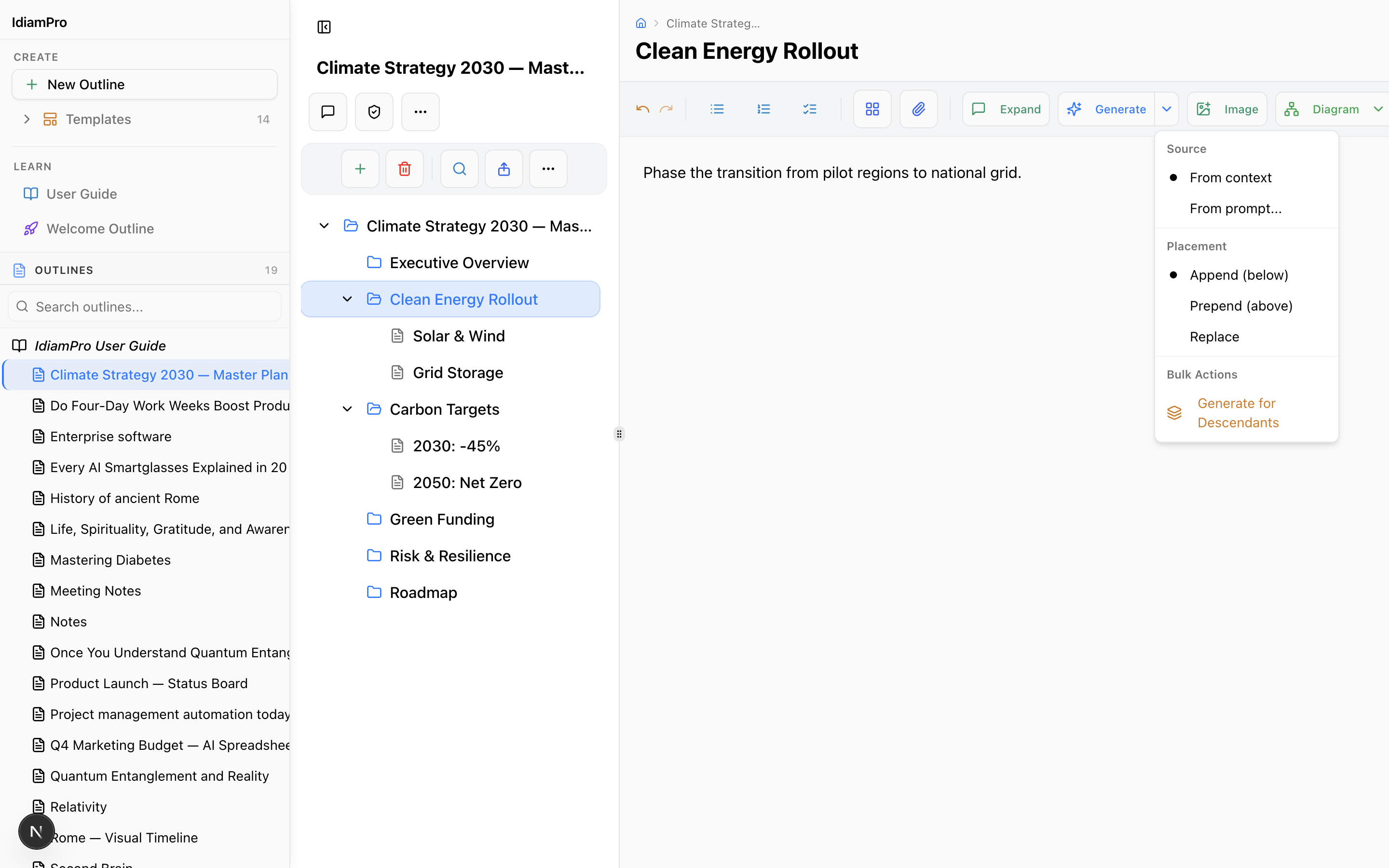 IdeaM's Generate / Smart Tools menu for developing ideas with AI
