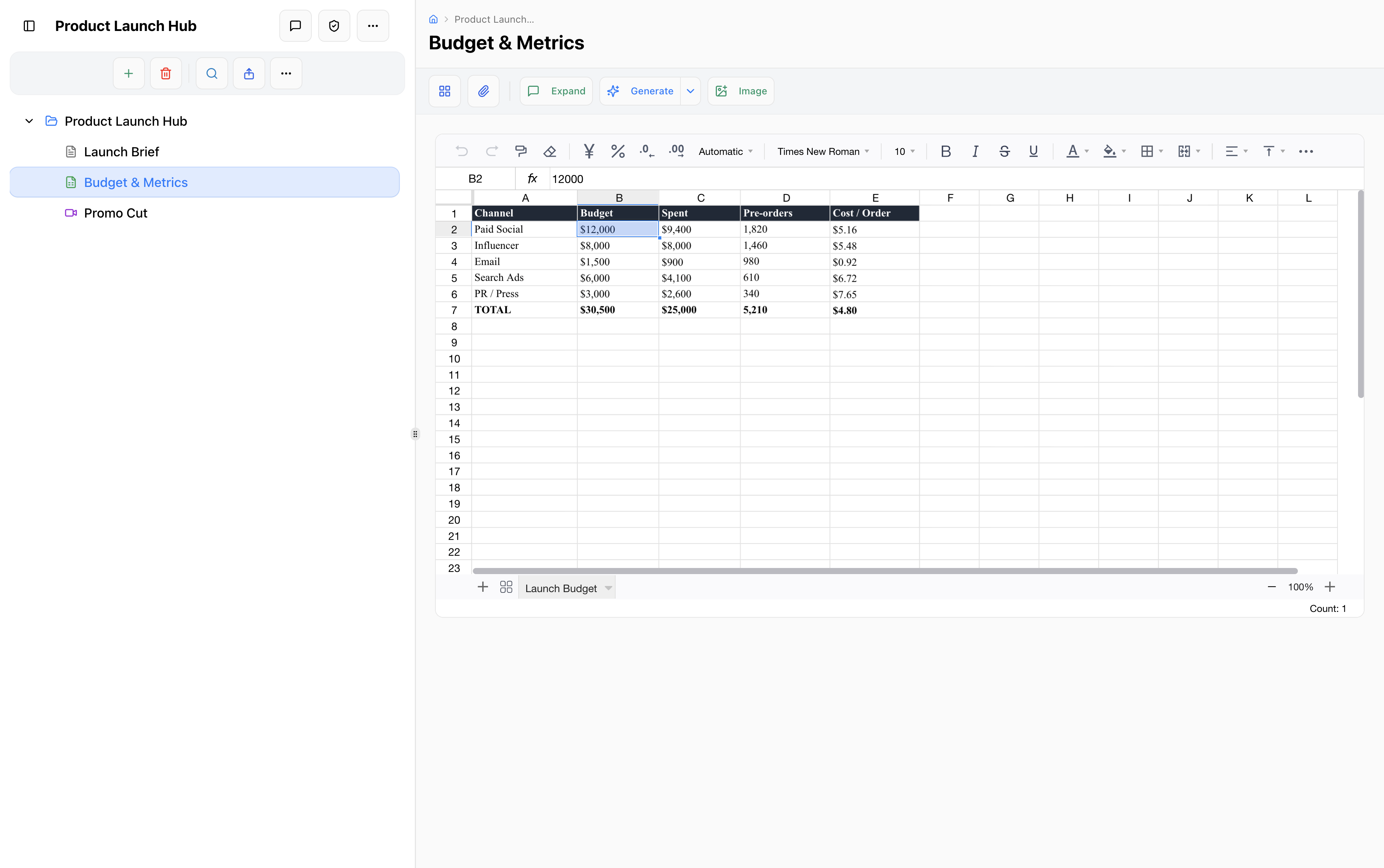A live budget spreadsheet in IdeaM from the same workspace