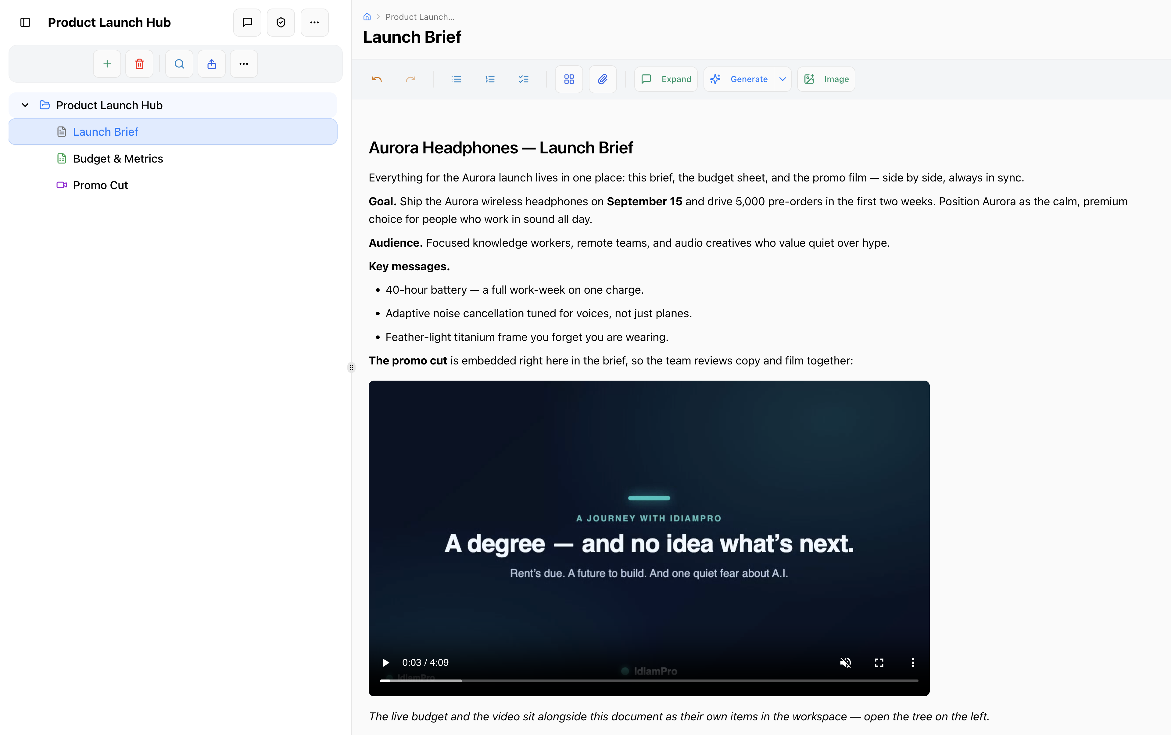 A document in IdeaM with a video playing inside it, and the outline tree showing a doc, a sheet, and a video together