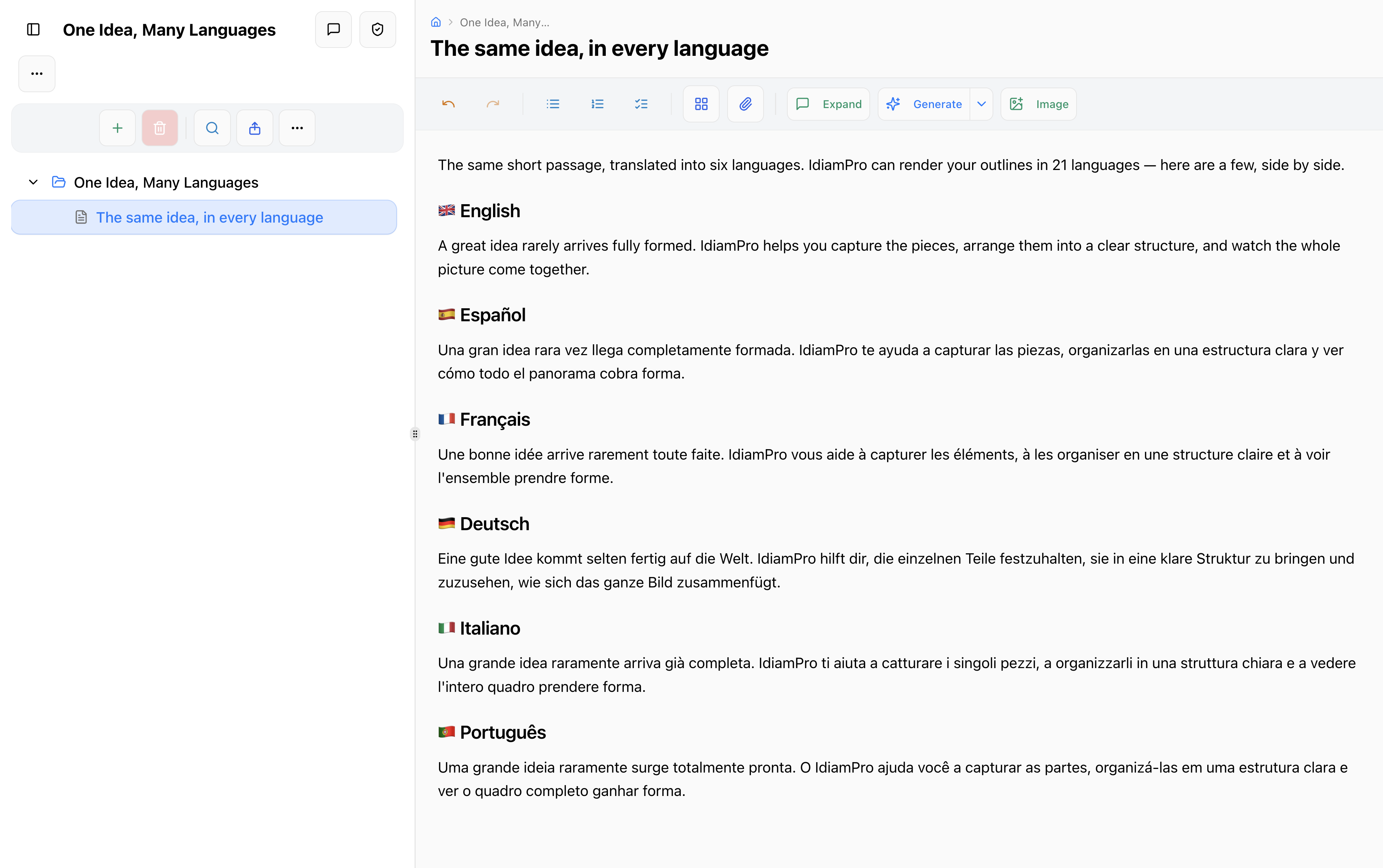 IdeaM's language menu offering 21 languages