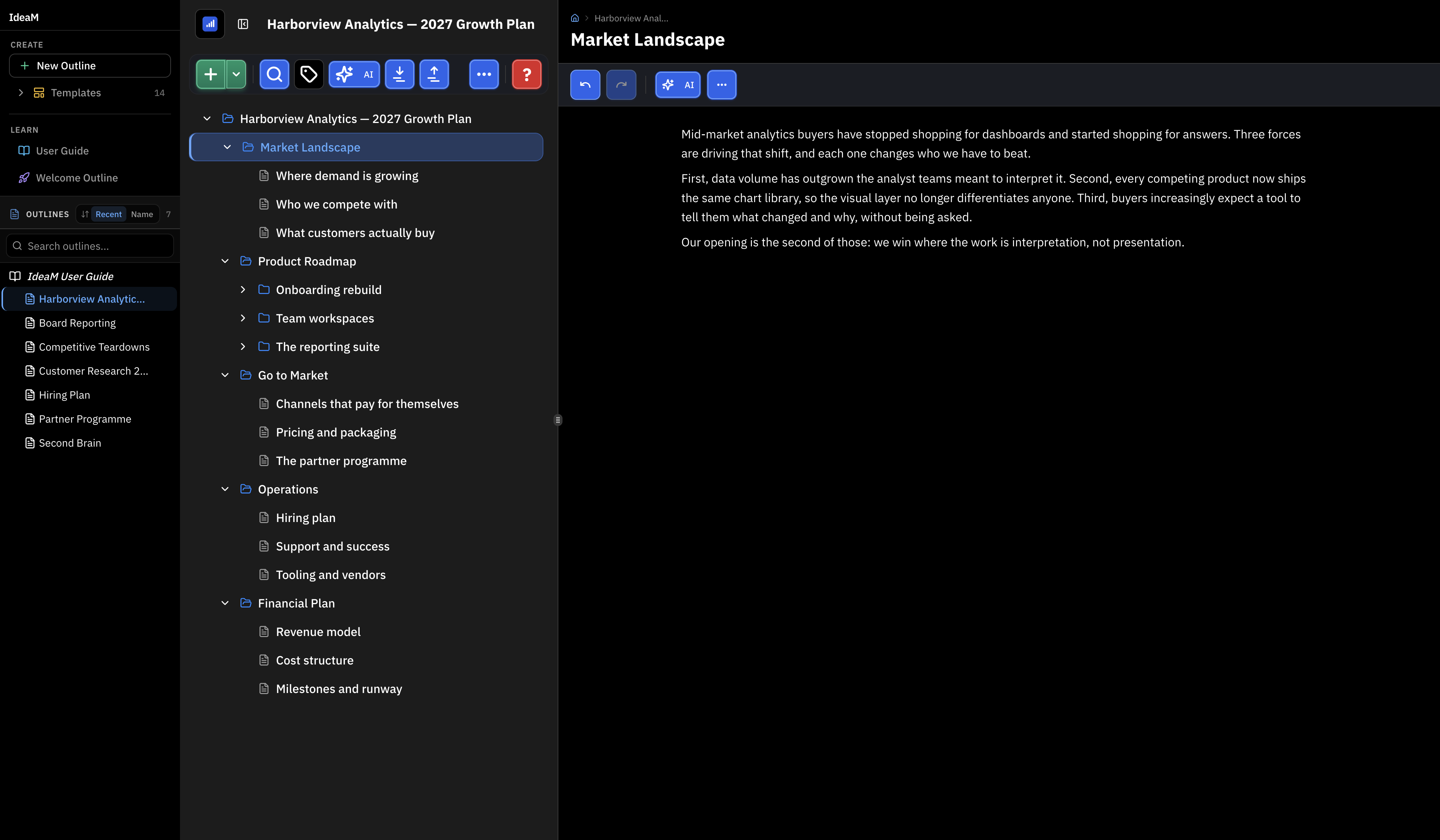 IdeaM workspace in dark mode