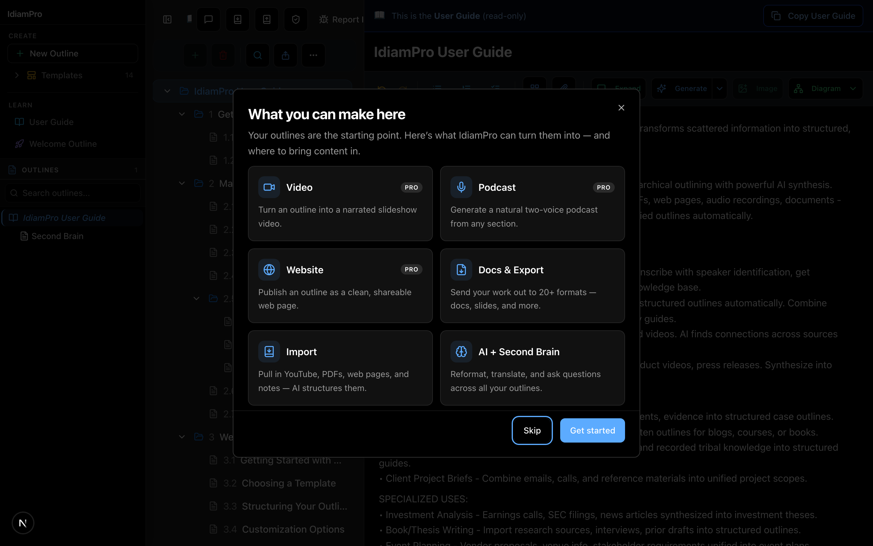 IdeaM's output menu showing the Podcast tool